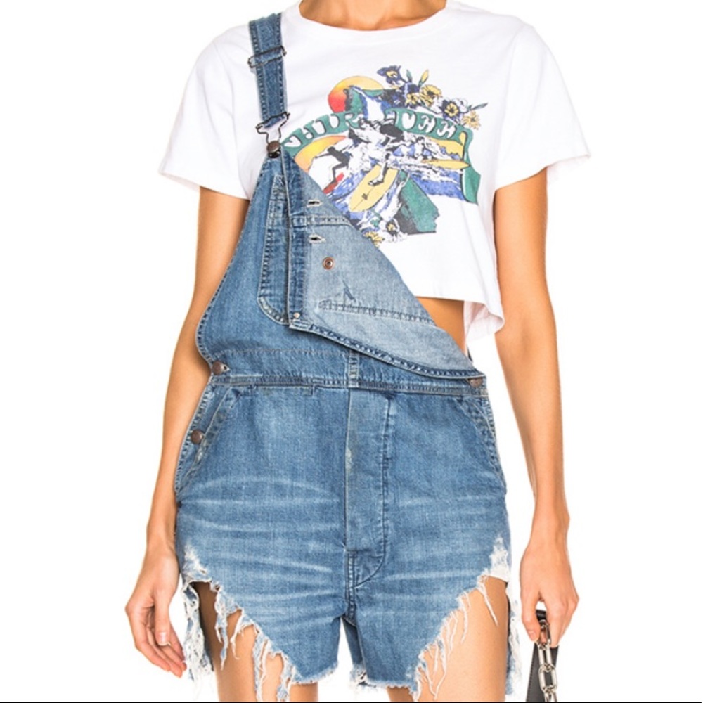 R13 Distressed Overall Denim Shorts
